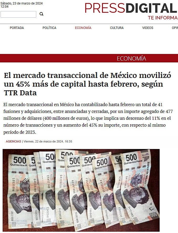 El mercado transaccional de Mxico moviliz un 45% ms de capital hasta febrero, segn TTR Data